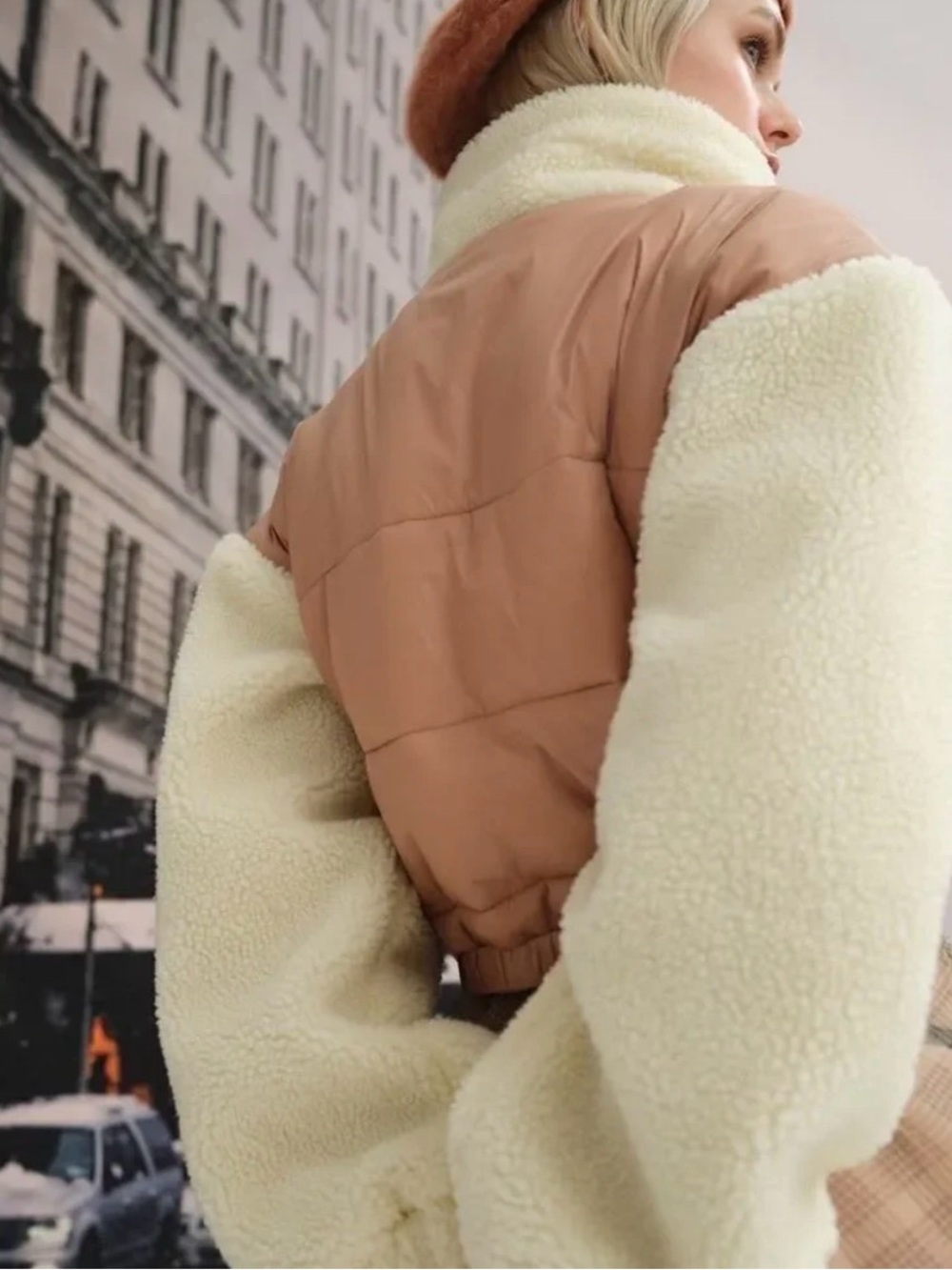 For Love and Lemons Cropped Quilted Niko Puffer Jacket, Coat, Crème Beige, NWT